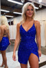 Load image into Gallery viewer, Glitter Royal Blue Spaghetti Straps Sequins Homecoming Dress with Slit
