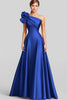 Load image into Gallery viewer, Black A Line One Shoulder Satin Long Formal Dress