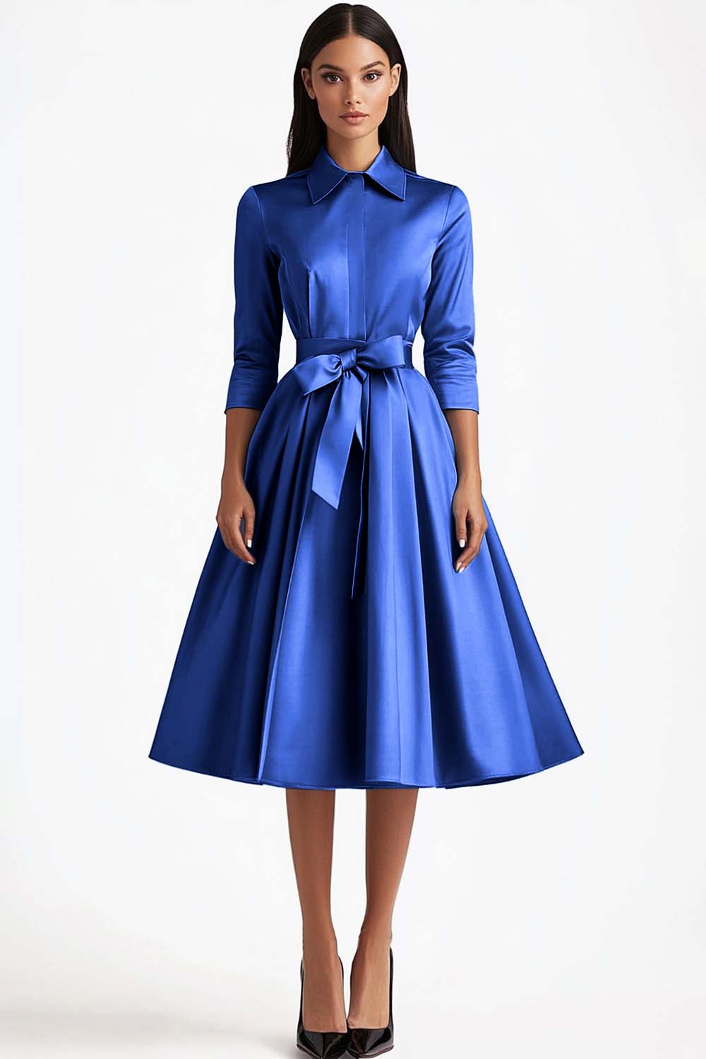 Royal Blue Collar Neck Tea Length Satin Formal Dress with Bow