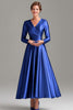 Load image into Gallery viewer, Queendancer Women Wedding Guest Dress Royal Blue Satin Mother of the Bride Dress with Long Sleeves A Line V-Neck Mother of the Groom Dress