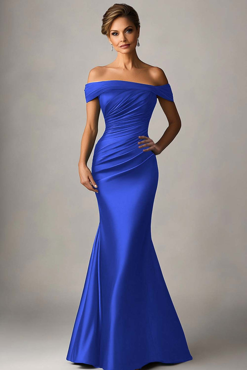 Load image into Gallery viewer, Royal Blue Off the Shoulder Satin Long Formal Dress