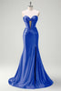 Load image into Gallery viewer, Sparkly Fuchsia Corset Beaded Long Satin Prom Dress with Slit