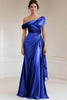 Load image into Gallery viewer, Grey Blue Asymmetrical Satin Ruched Mother of the Bride Dress