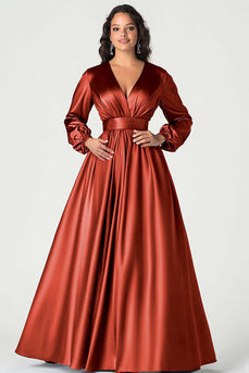 Plum Long Sleeves Satin V-Neck Mother of the Bride Dress