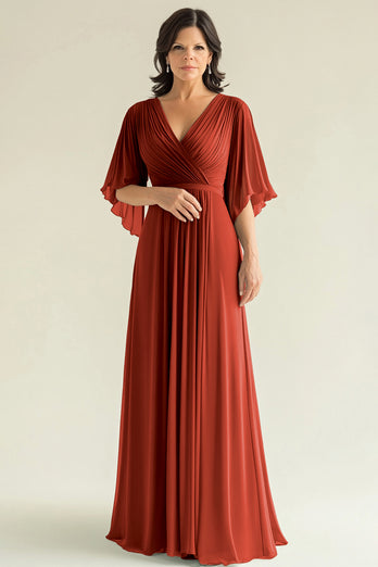 Gold V-Neck A Line Pleated Mother of the Bride Dress