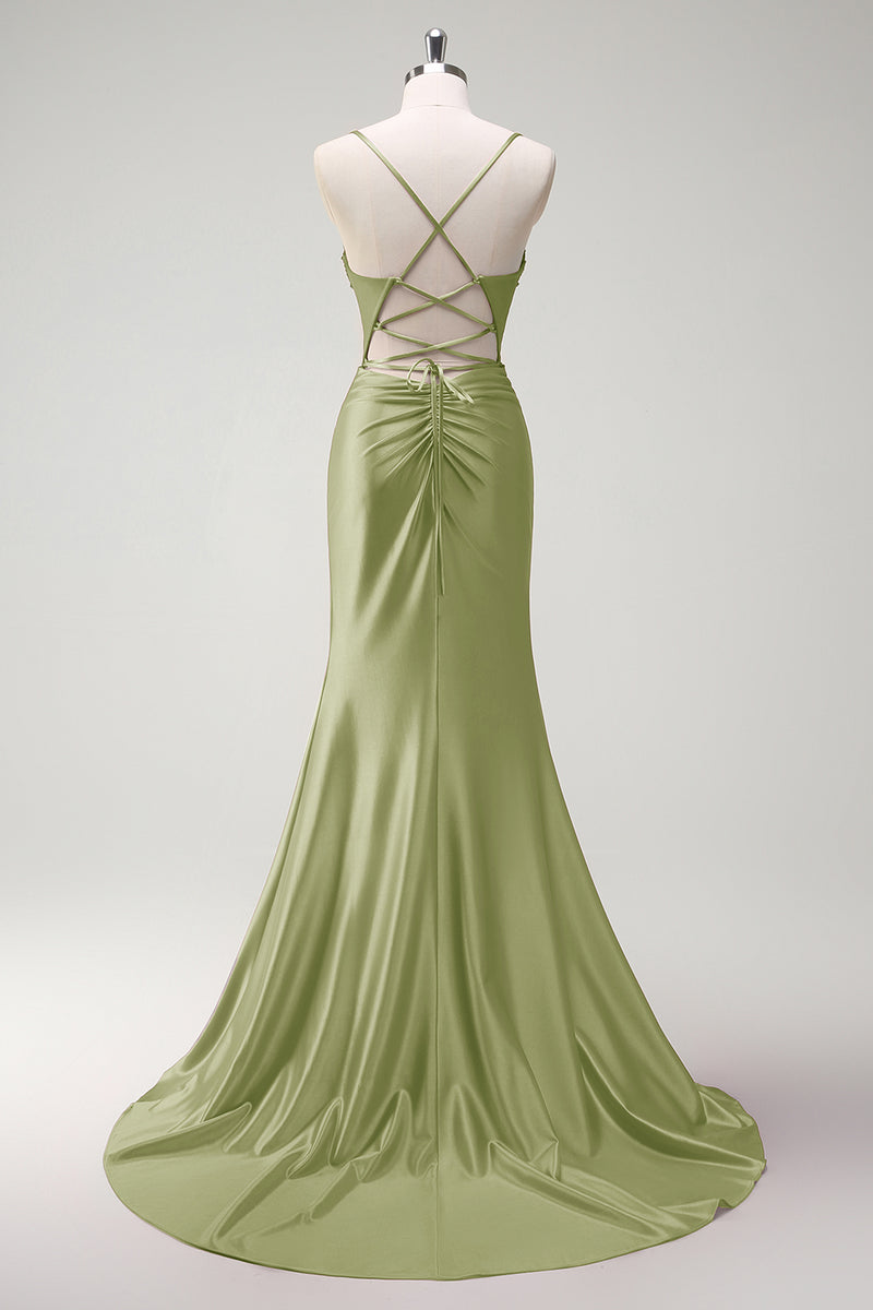 Load image into Gallery viewer, Sparkly Sage Corset Beaded Mermaid Long Satin Prom Dress