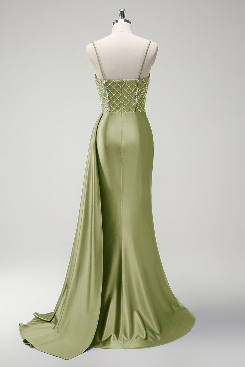 Load image into Gallery viewer, Sparkly Sage Mermaid Beaded Corset Long Prom Dress with Slit