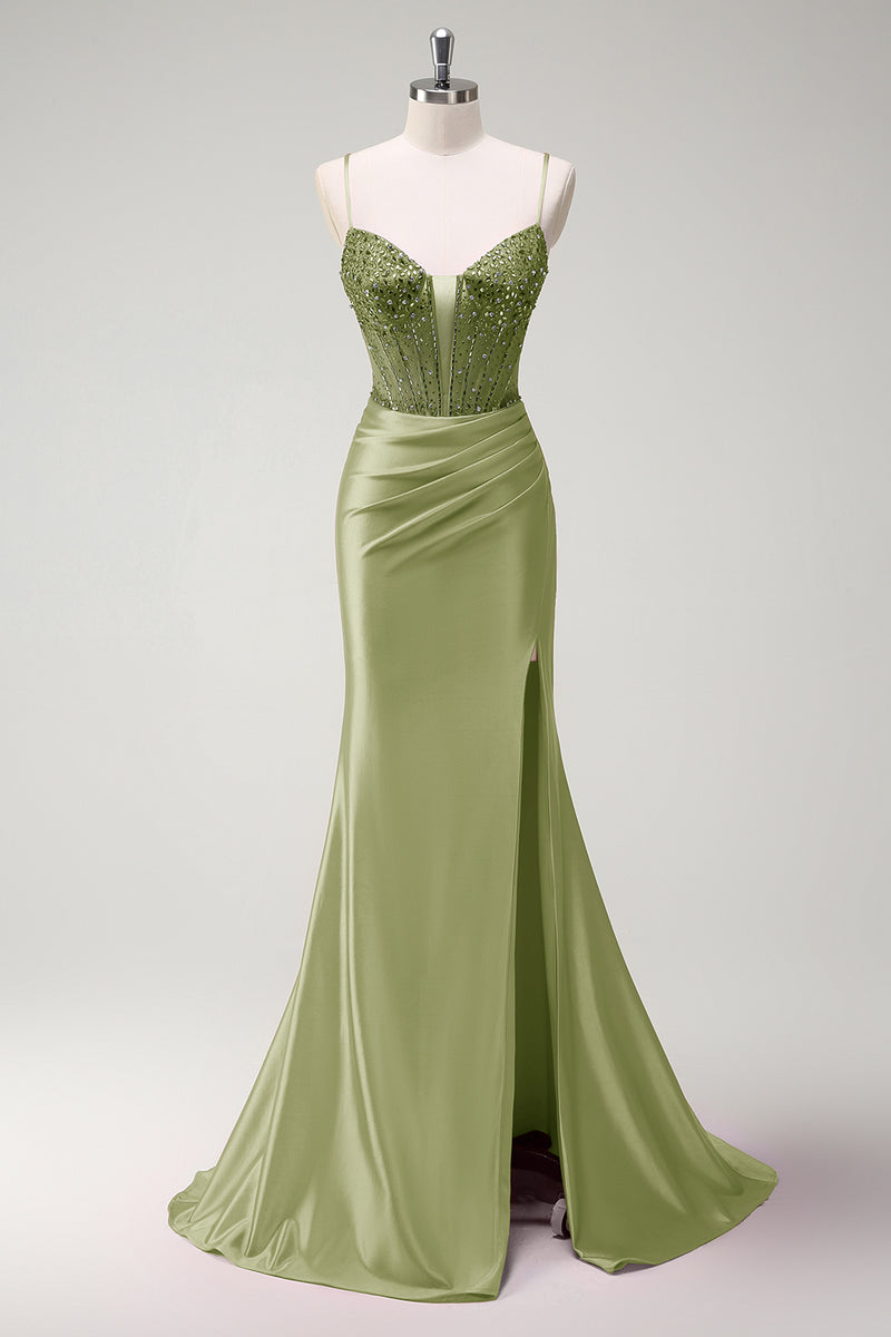 Load image into Gallery viewer, Sparkly Sage Corset Beaded Mermaid Long Satin Prom Dress