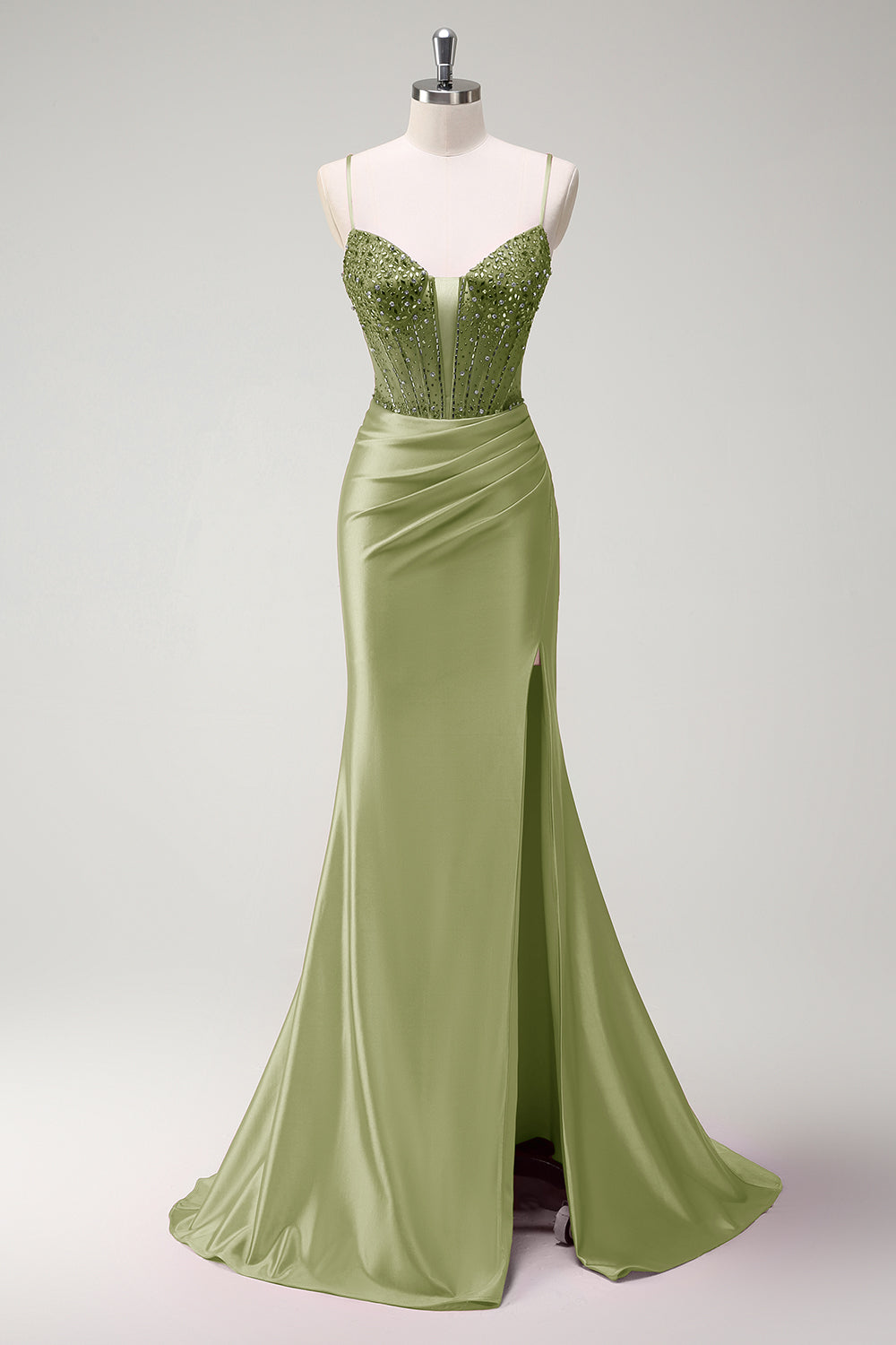 Sparkly Sage Corset Beaded Mermaid Long Satin Prom Dress