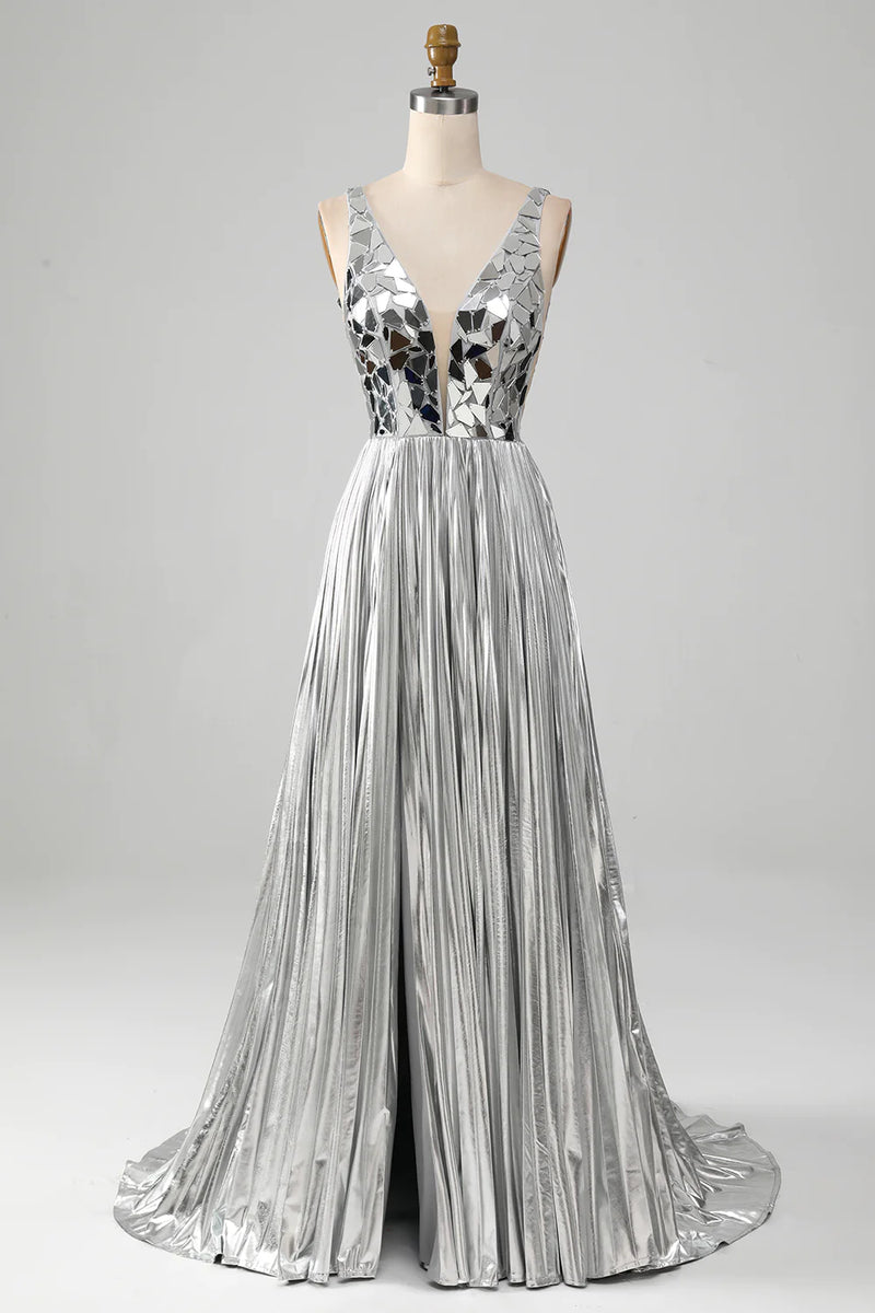 Load image into Gallery viewer, Sparkly Silver A Line Backless Long Mirror Prom Dress