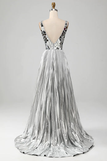 Sparkly Silver A Line Backless Long Mirror Prom Dress