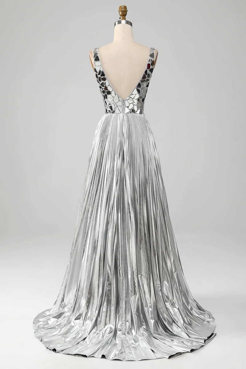 Load image into Gallery viewer, Sparkly Silver A Line Backless Long Mirror Prom Dress