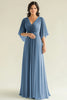 Load image into Gallery viewer, A Line Steel Blue Pleated V-Neck Mother of the Bride Dress