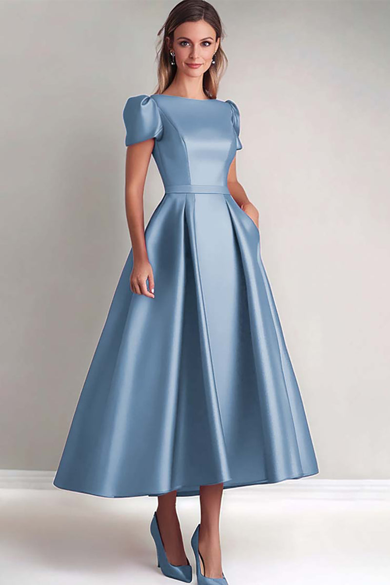 Load image into Gallery viewer, A Line Steel Grey Puff Sleeves Satin Mother of the Bride Dress