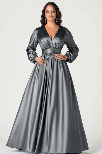 Plum Long Sleeves Satin V-Neck Mother of the Bride Dress