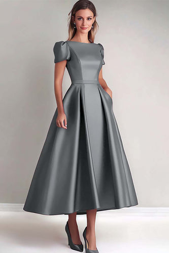 A Line Steel Grey Puff Sleeves Satin Mother of the Bride Dress