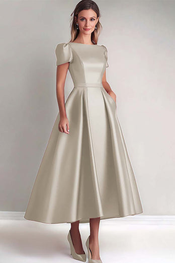 A Line Steel Grey Puff Sleeves Satin Mother of the Bride Dress