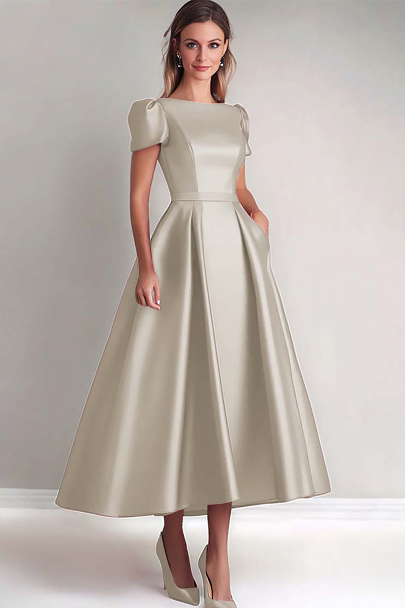 Load image into Gallery viewer, A Line Steel Grey Puff Sleeves Satin Mother of the Bride Dress