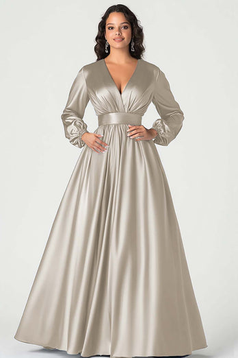 Plum Long Sleeves Satin V-Neck Mother of the Bride Dress