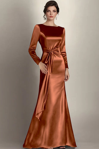 Terracotta Satin Sheath Side Waist Mother of the Bride Dress