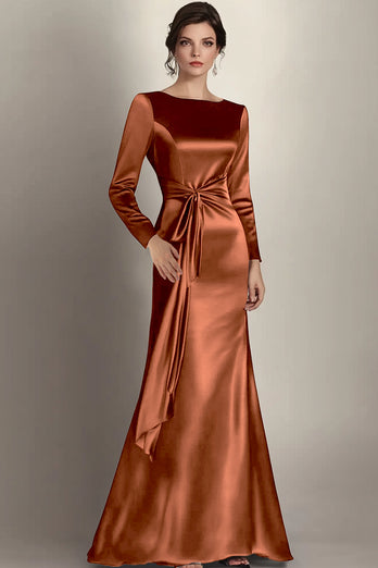 Terracotta Satin Sheath Side Waist Mother of the Bride Dress