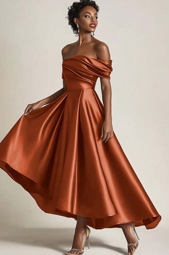 Queendancer Women Wedding Guest Dress Elegant Terracotta Satin Mother of the Bride Dress Off the Shoulder Asymmetrical A Line Mother of the Groom Dress