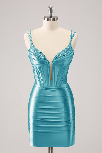 Dark Green Spaghetti Straps Tight Homecoming Dress with Sequins