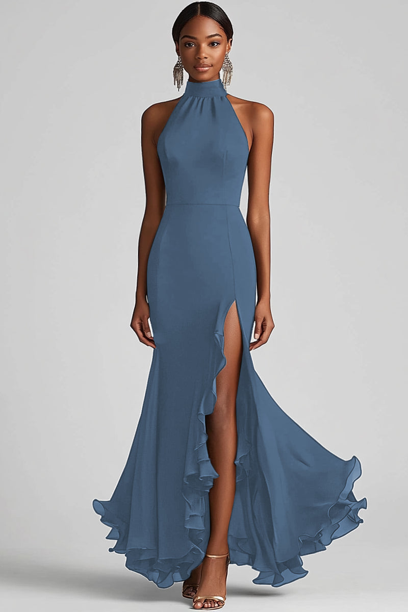 Load image into Gallery viewer, Twilight Sheath High Neck Ruffled Long Formal Dress with Slit