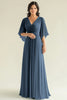 Load image into Gallery viewer, A Line Steel Blue Pleated V-Neck Mother of the Bride Dress