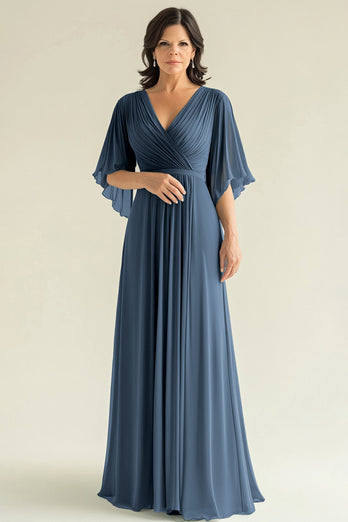 A Line Steel Blue Pleated V-Neck Mother of the Bride Dress