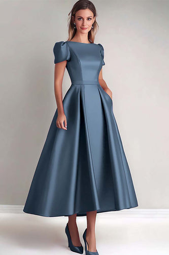 Twilight A Line Puff Sleeves Satin Mother of the Bride Dress