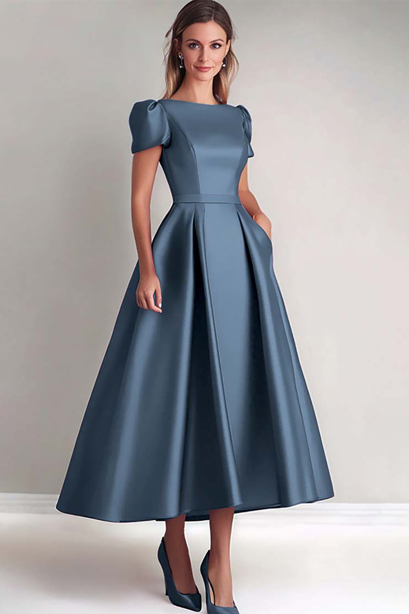 Load image into Gallery viewer, Twilight A Line Puff Sleeves Satin Mother of the Bride Dress