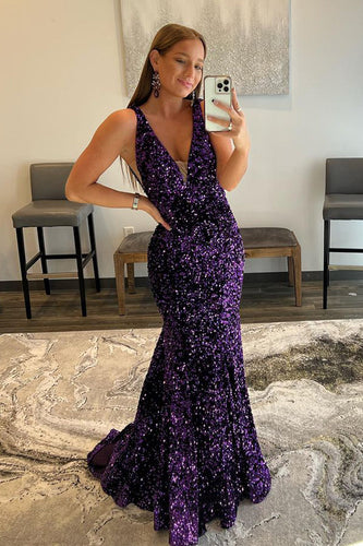 Purple Deep V Neck Mermaid Prom Dress