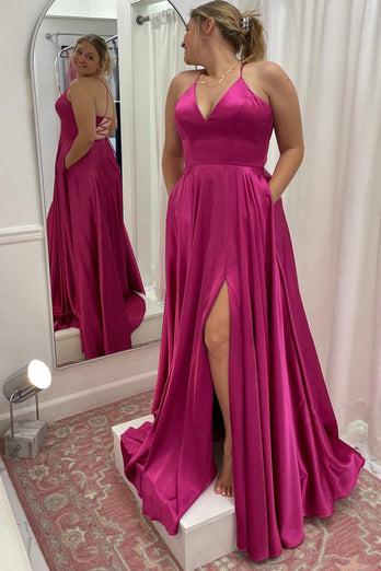 Simple A Line Spaghetti Straps Hot Pink Long Prom Dress with Slit