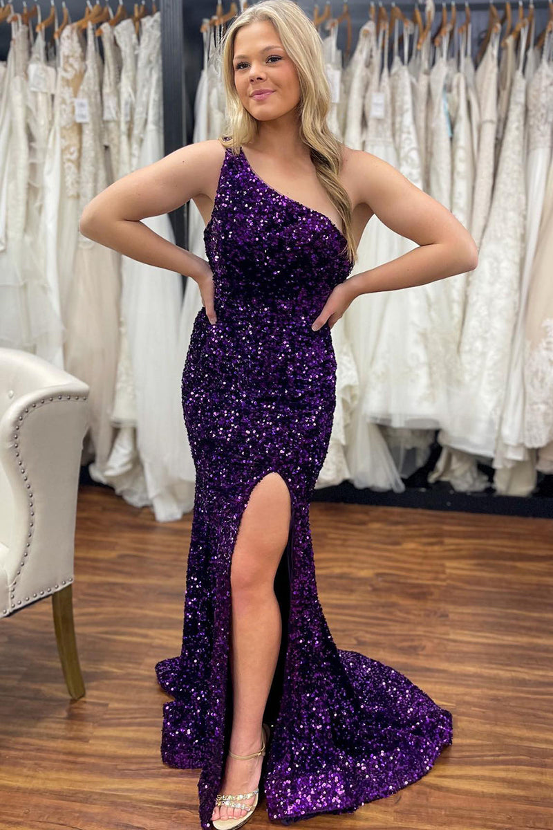 Load image into Gallery viewer, Sheath One Shoulder Navy Sequins Long Prom Dress with Split Front