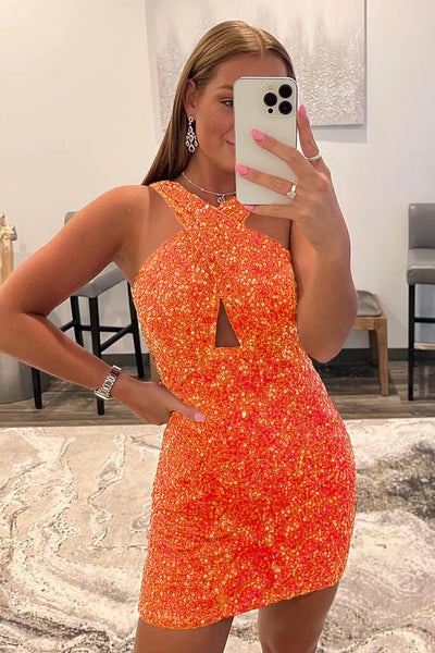 Orange Glitter Halter Backless Sequins Tight Homecoming Dress