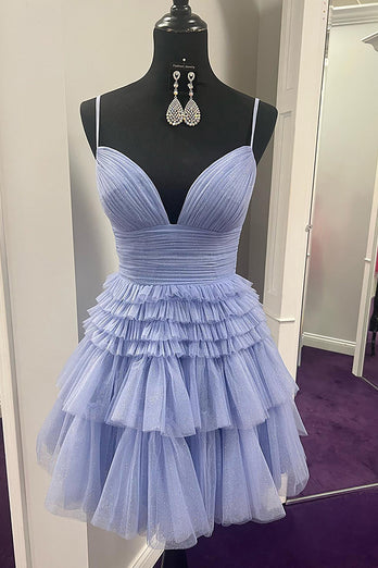A-Line Blue Spaghetti Straps Tulle Tiered Short Homecoming Dress