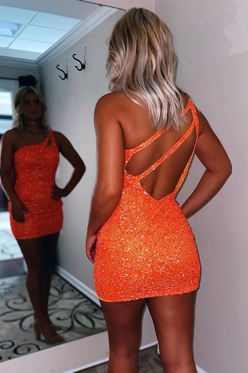 Load image into Gallery viewer, Sequins One-Shoulder Tight Short Homecoming Dress with Beading