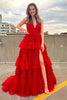 Load image into Gallery viewer, Pink A-Line Deep V Neck Tiered Long Prom Dress