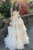 Load image into Gallery viewer, Pink A-Line Deep V Neck Tiered Long Prom Dress