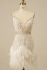 Load image into Gallery viewer, Spaghetti Straps White Sequined Tight Homecoming Dress with Feathers