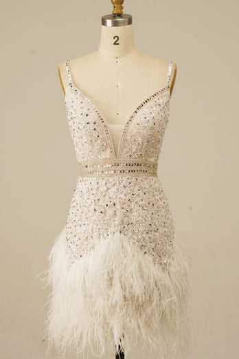 Spaghetti Straps White Sequined Tight Homecoming Dress with Feathers