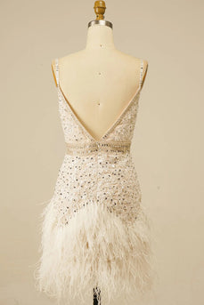 Spaghetti Straps White Sequined Tight Homecoming Dress with Feathers