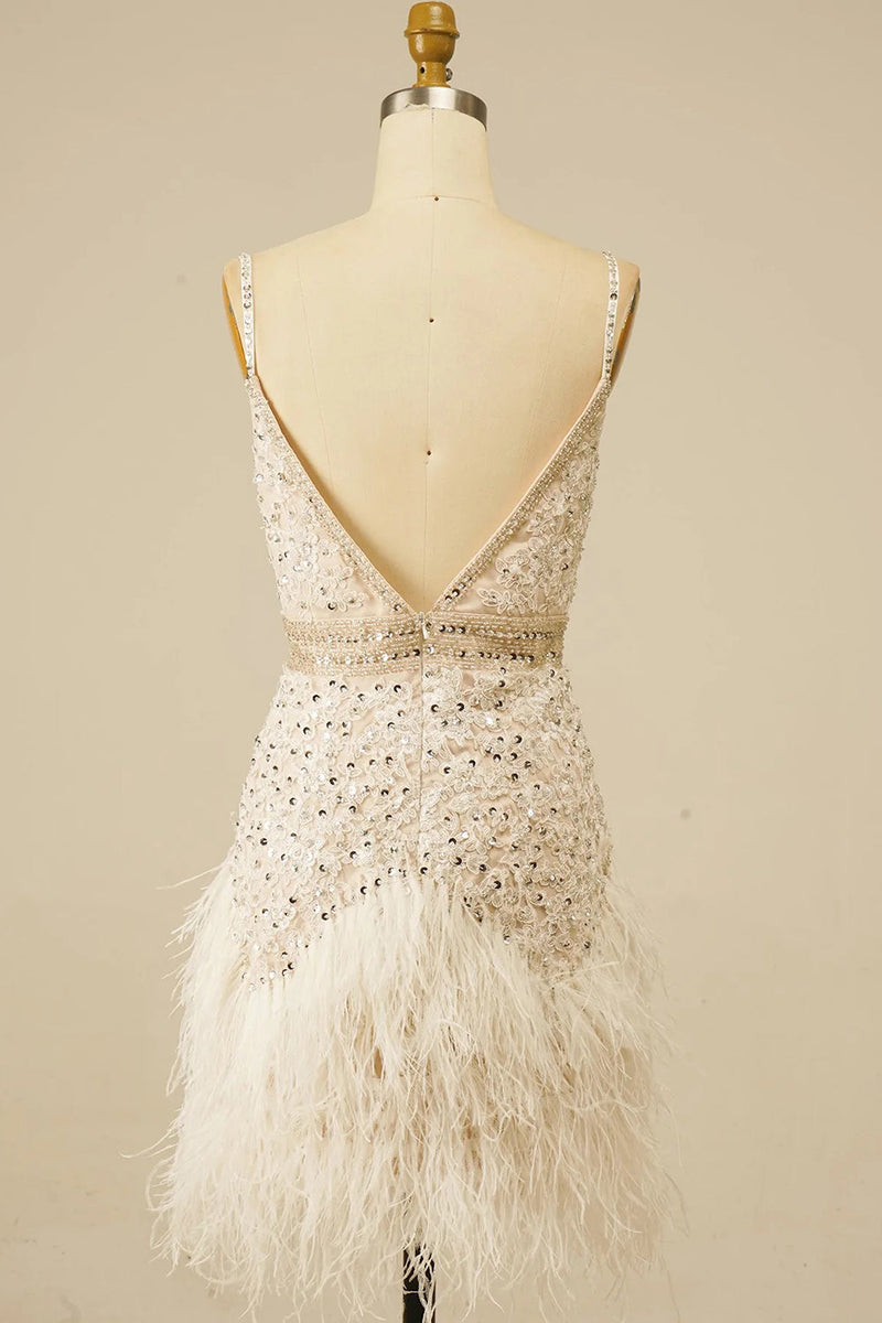 Load image into Gallery viewer, Spaghetti Straps White Sequined Tight Homecoming Dress with Feathers