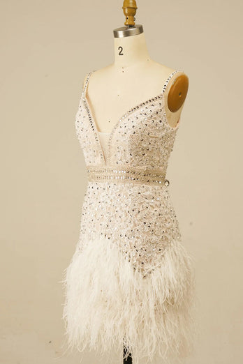 Spaghetti Straps White Sequined Tight Homecoming Dress with Feathers