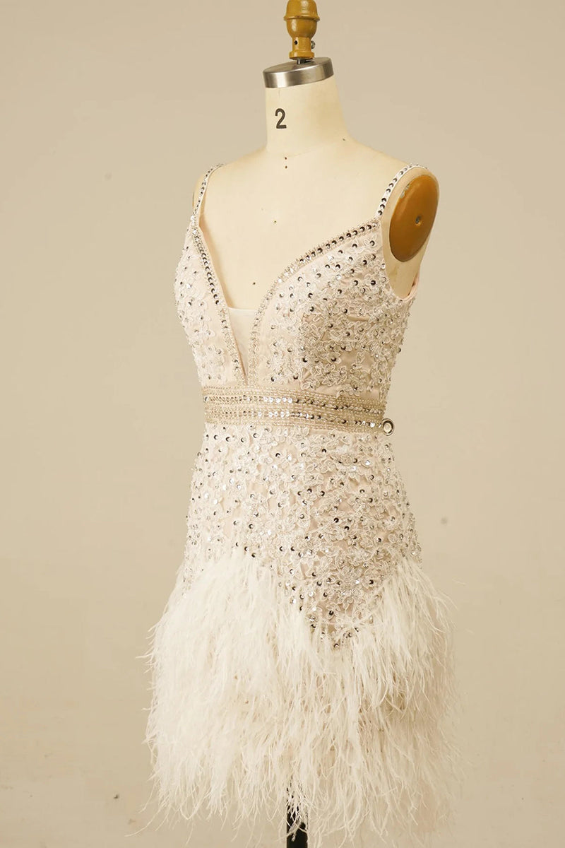 Load image into Gallery viewer, Spaghetti Straps White Sequined Tight Homecoming Dress with Feathers