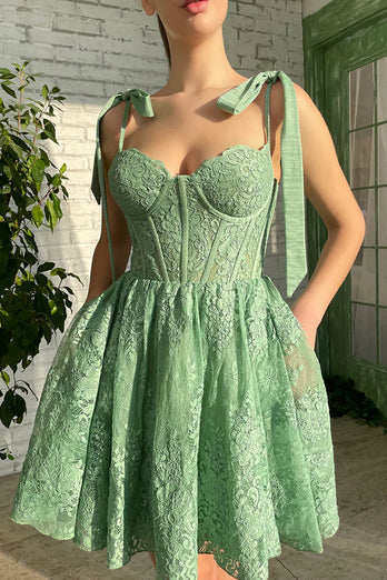Green A-Line Spaghetti Straps Homecoming Dress with Appliques