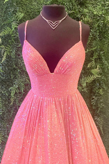 Sparkly Hot Pink Sequins A-Line Long Prom Dress