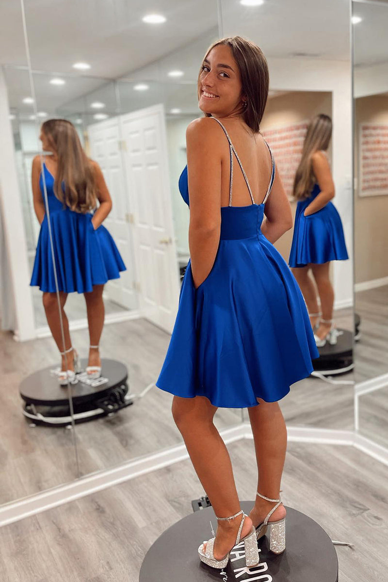 Load image into Gallery viewer, A-Line Royal Blue Spaghetti Straps Homecoming Dress with Pockets