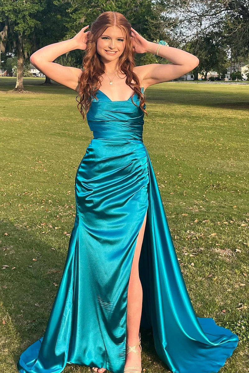 Load image into Gallery viewer, Peacock Green Sheath Sweetheart Long Prom Dress with Split